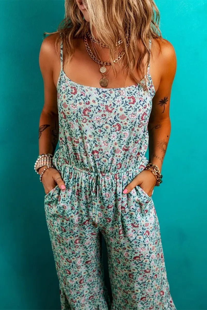 Green Bohemian Floral Ruffle Bottom Spaghetti Strap Jumpsuit - Love Salve